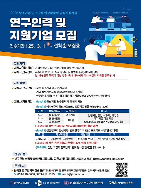 2025년 중소기업 연구인력 현장맞춤형 양성지원사업 연구인력 및 지원기업 모집