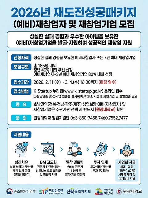 2026년 재도전성공패키지 (예비)재창업자 및 재창업기업 모집